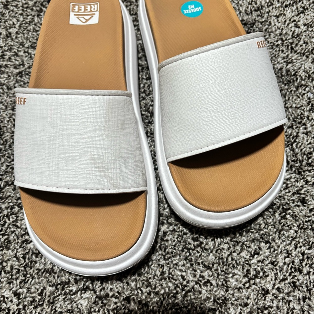 Reef White and Tan Slide Sandals